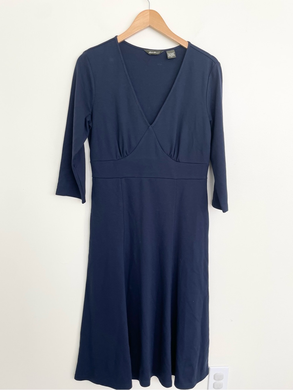 Eddie Bauer Navy Blue Vneck Ponte Knit Midi Dress 3/4 Length Sleeve M Medium
